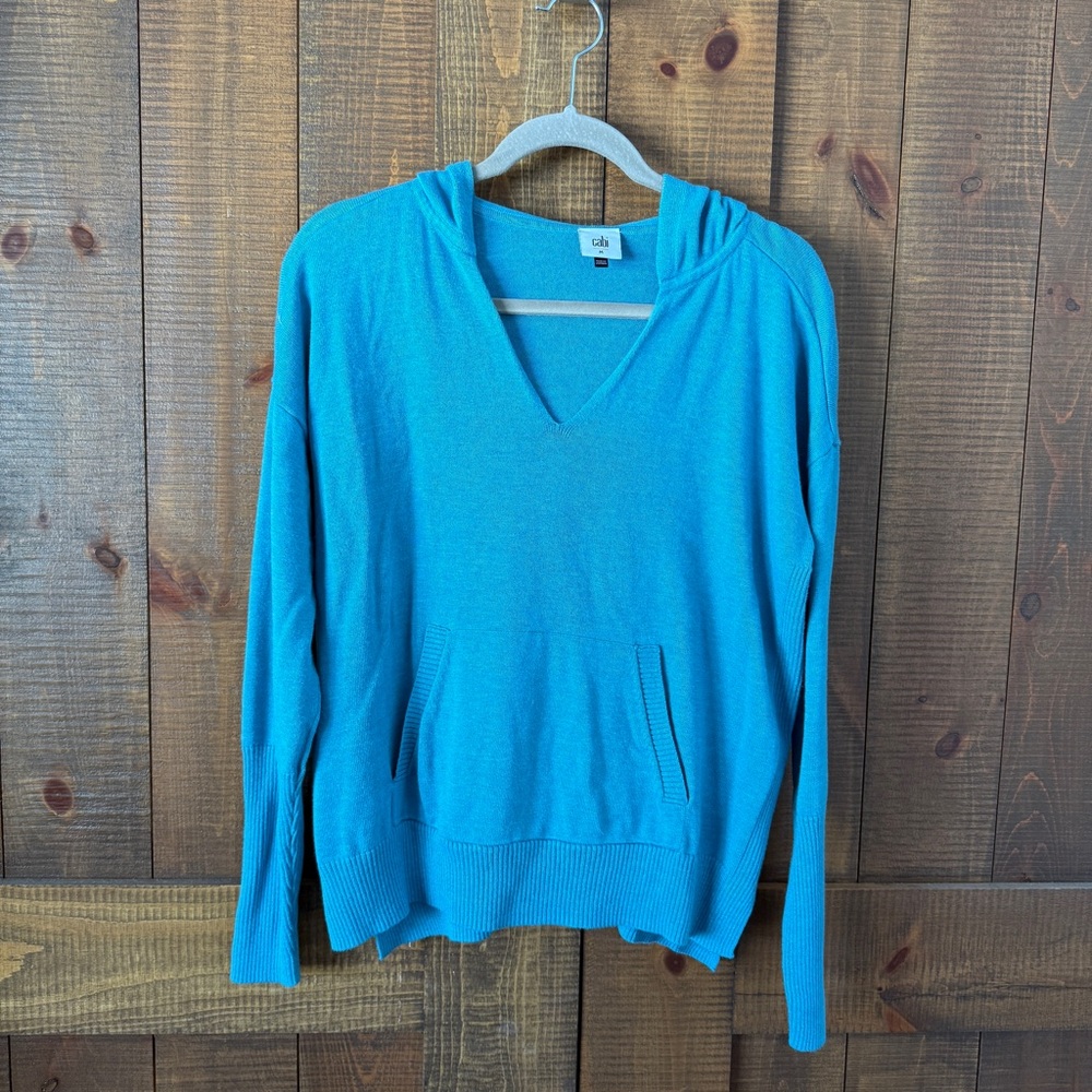 CAbi Turquoise Blue V-Neck Hooded Sweater